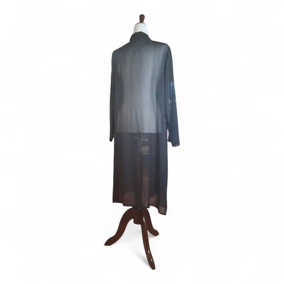 Eileen Fisher Wmn Sheer Silk Black Georgette Classic Collar Open Long Shirt S/P - Picture 2 of 2